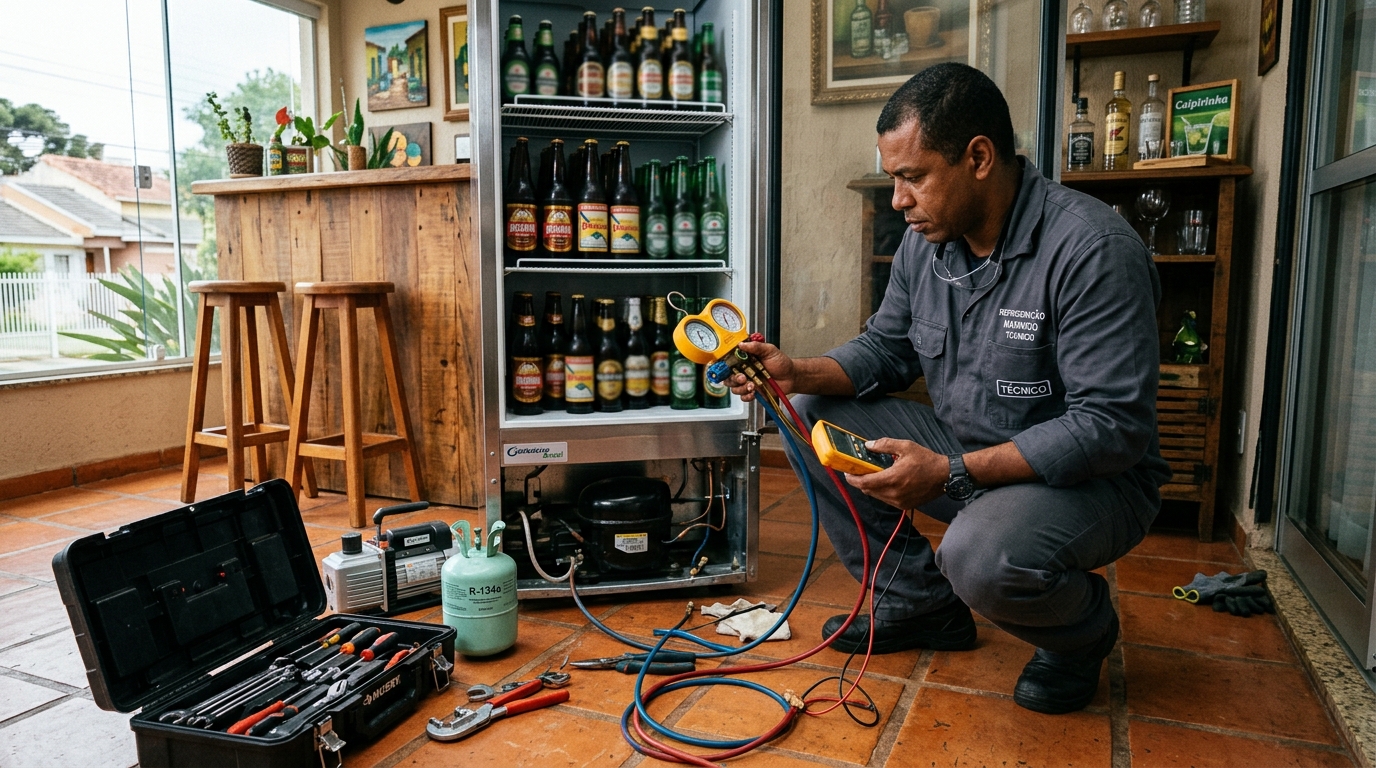 Profissional executando reparo no motor de cervejeira no Recanto do Sol, Anápolis‑GO