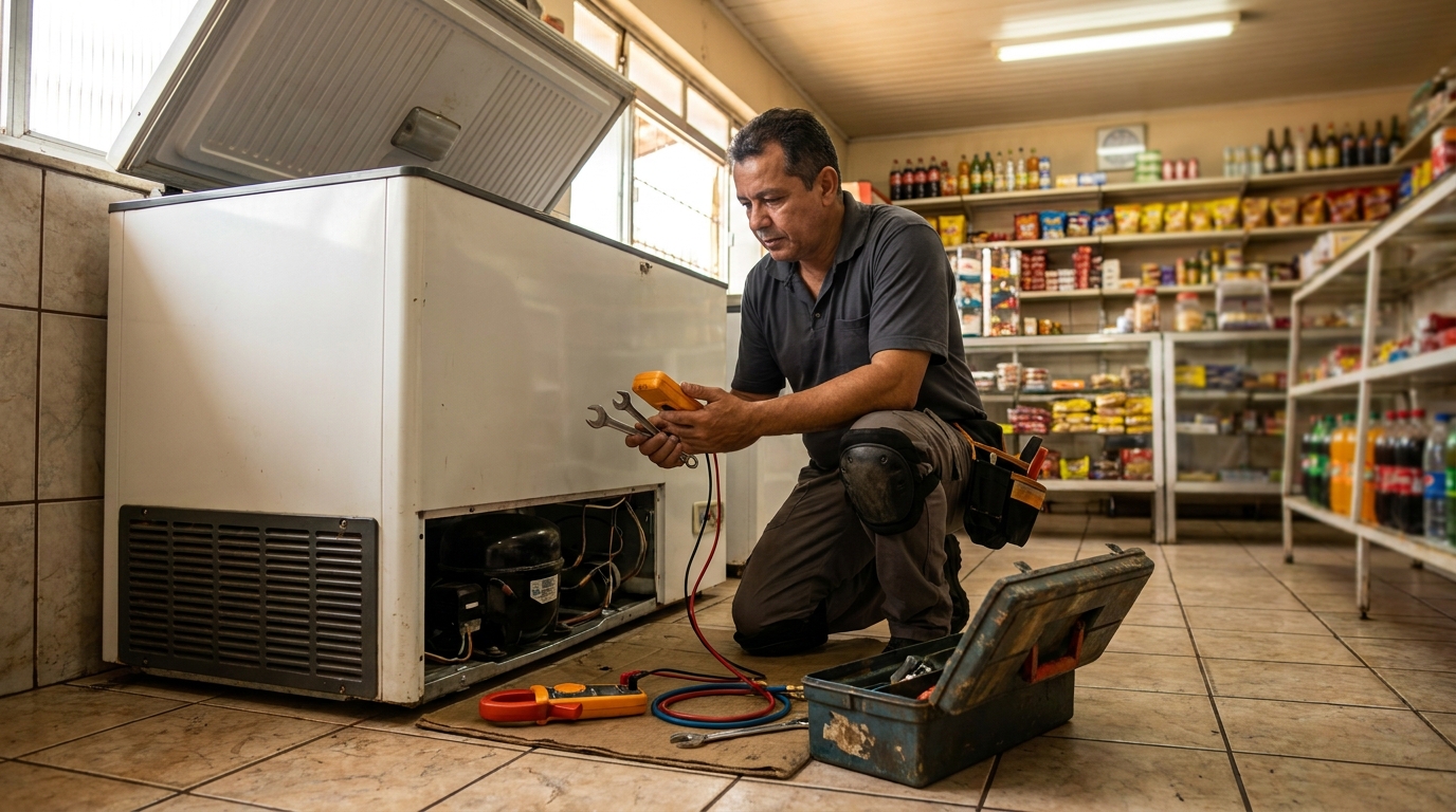 Profissional executando manutenção no motor de freezer no Conjunto Eldorado, Anápolis‑GO