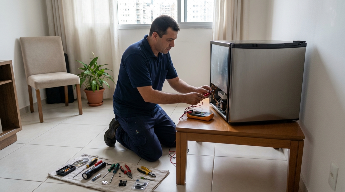 Técnico fazendo manutenção do motor de frigobar na Alvorada, Anápolis‑GO