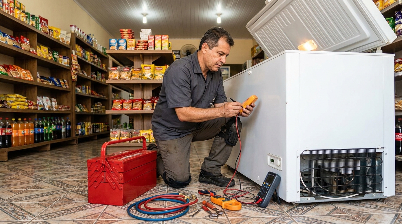 Recarga de gás refrigerante no freezer durante atendimento no Conjunto Eldorado, Anápolis‑GO