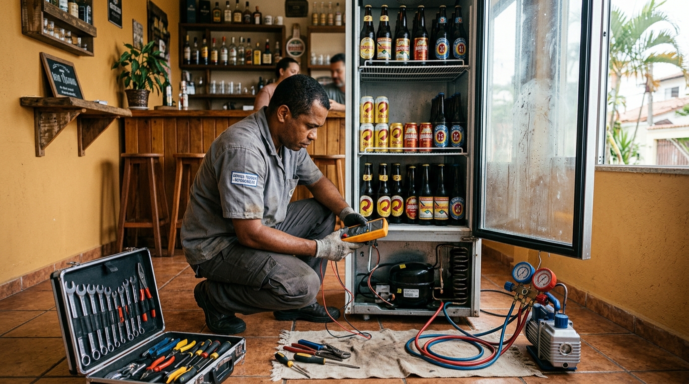 Substituição de termostato de cervejeira em serviço técnico no Recanto do Sol, Anápolis‑GO