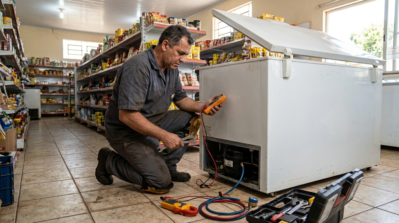 Substituição de termostato de freezer em visita técnica no Conjunto Eldorado, Anápolis‑GO
